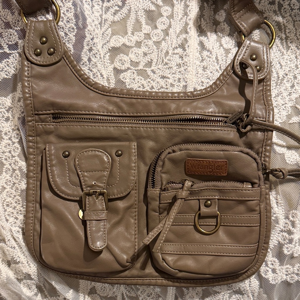 Wrangler Taupe Faux Leather Multi-Pocket Crossbody Bag